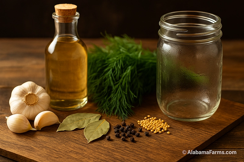 Close-up of ingredients used in pickling: vinegar bottle, fresh dill, peppercorns, garlic, bay leaves, mustard seeds, and a single empty mason jar with condensation.