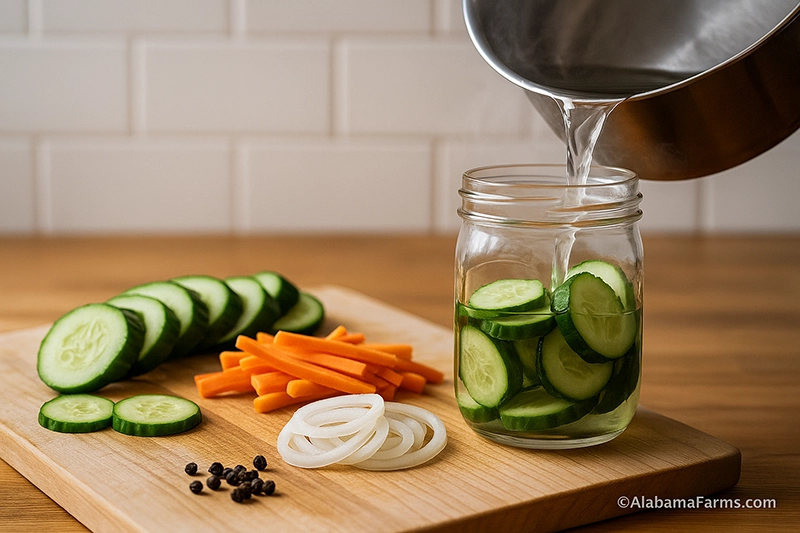 A cutting board topped with sliced cucumbers, carrots, and onions, next to a steaming pot of hot brine being poured into a jar. Steam visible, shallow depth of field.