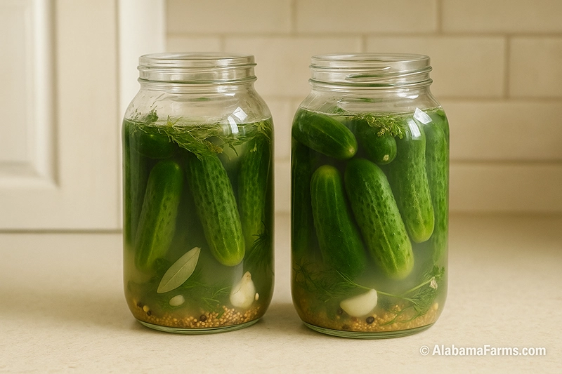 Two large jars of naturally fermenting cucumbers with cloudy brine and floating herbs. Small fermentation weights visible inside the jar. Neutral farmhouse counter in background.