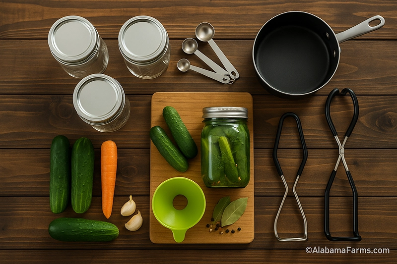 A clean flat lay: mason jars, measuring spoons, a small saucepan, jar tongs, a wide-mouth funnel, and fresh vegetables arranged neatly on a rustic wood table.