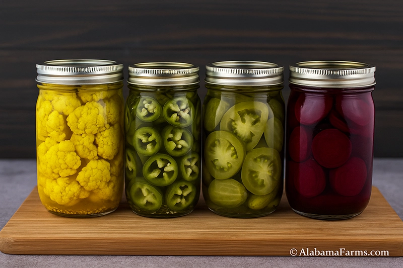 A 4-jar lineup showing unusual and colorful pickles: turmeric cauliflower, jalapeños, green tomatoes, and beets. Wooden cutting board underneath.