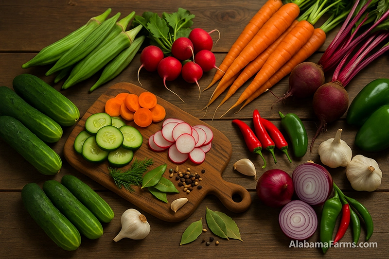 An assortment of fresh produce ideal for pickling: cucumbers, okra, carrots, beets, radishes, onions, garlic, and peppers on a wooden surface with soft overhead lighting.