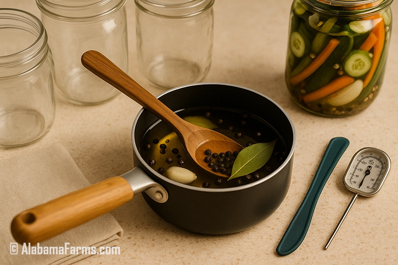 Overhead shot of a small pot of simmering brine with visible peppercorns, bay leaves, and garlic. Wooden spoon resting on top, with jars waiting nearby.
