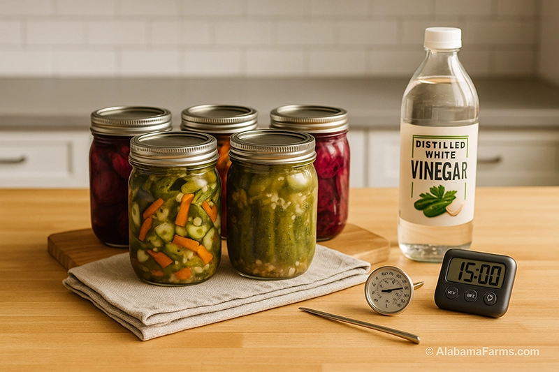 A clean, bright kitchen counter with sealed jars cooling on a towel. Thermometer, timer, bubble remover, and vinegar bottle nearby.