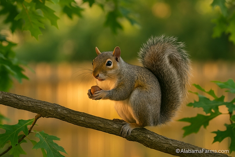An Eastern gray squirrel perched on a branch holding an acorn with warm backyard lighting behind it.