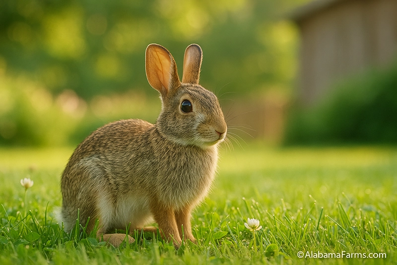 An Eastern cottontail rabbit sitting in green grass with soft morning light and a blurred backyard in the distance.