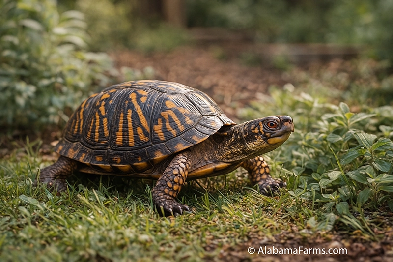 A red fox standing cautiously in a grassy clearing at dusk with a blurred forest edge behind it.