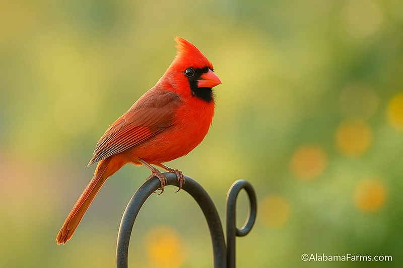 A bright red male Northern cardinal perched on a garden hook with a colorful blurred background.