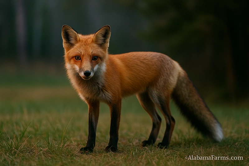 A red fox standing cautiously in a grassy clearing at dusk with a blurred forest edge behind it.