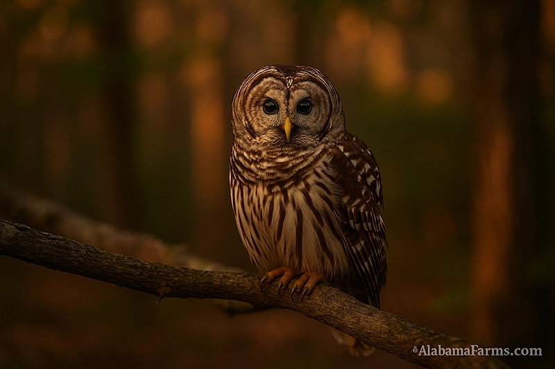 A Barred owl perched on a branch in warm low evening light with a soft woodland background.