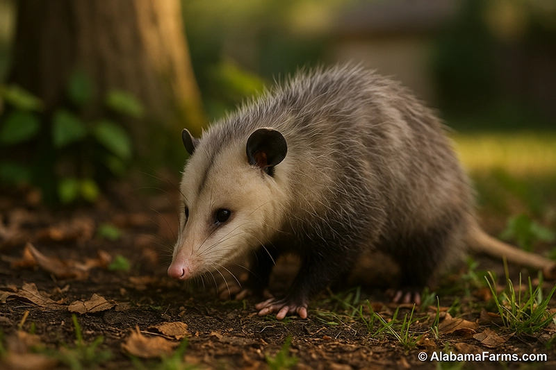 A Virginia opossum sniffing through leaf litter near a tree in soft evening light.