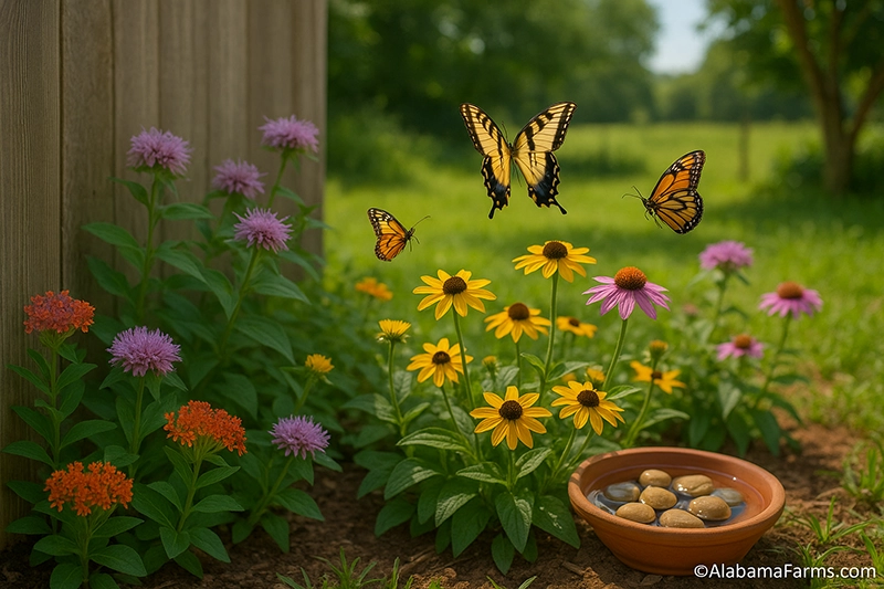 Small backyard butterfly garden with native flowers, a shallow water dish, and butterflies hovering above the plants