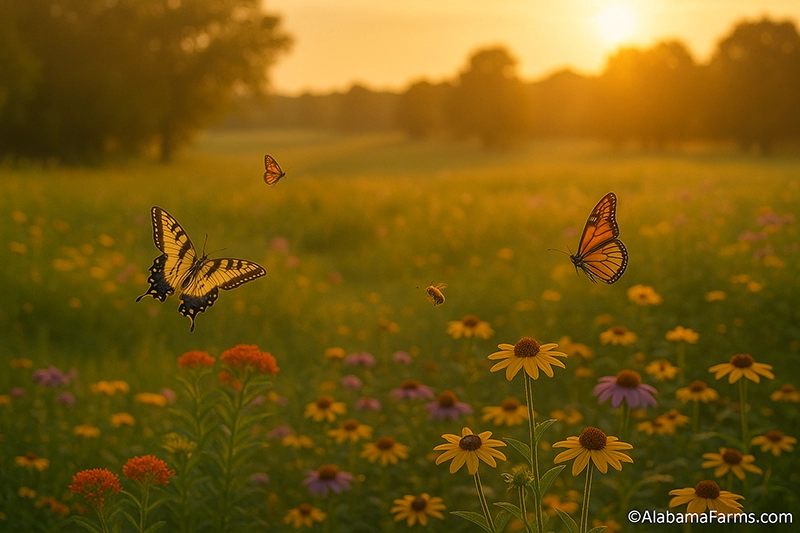 Alabama garden at golden hour with multiple butterflies drifting through sunlit flowers