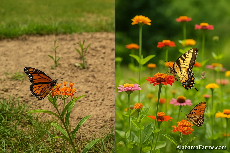 Split-screen showing a sparse under-trimmed garden on the left and a thriving butterfly garden with zinnias, coneflowers, and butterflies on the right