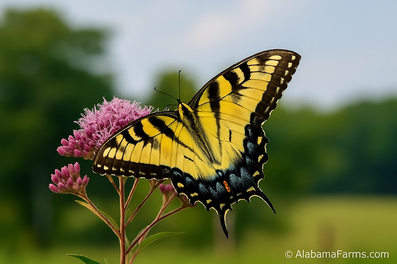 Eastern tiger swallowtail feeding on colorful zinnias in a sunny Alabama garden