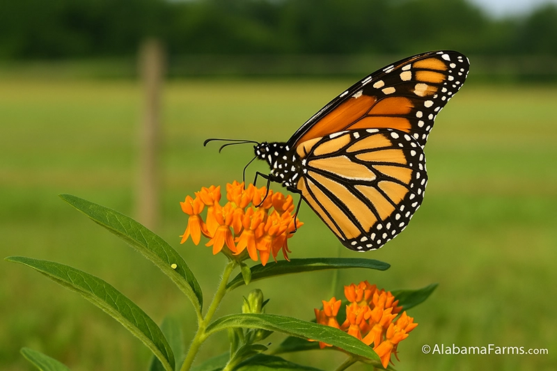 Monarch butterfly perched on blooming butterfly weed with an Alabama pasture and fence line in the background