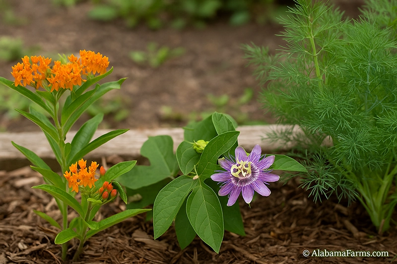 Garden bed showing milkweed, passionflower, and dill growing together with a tiny caterpillar visible on one of the leaves