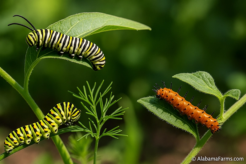 Monarch caterpillar on milkweed, black swallowtail caterpillar on dill, and gulf fritillary caterpillar on passionflower arranged together in a garden setting