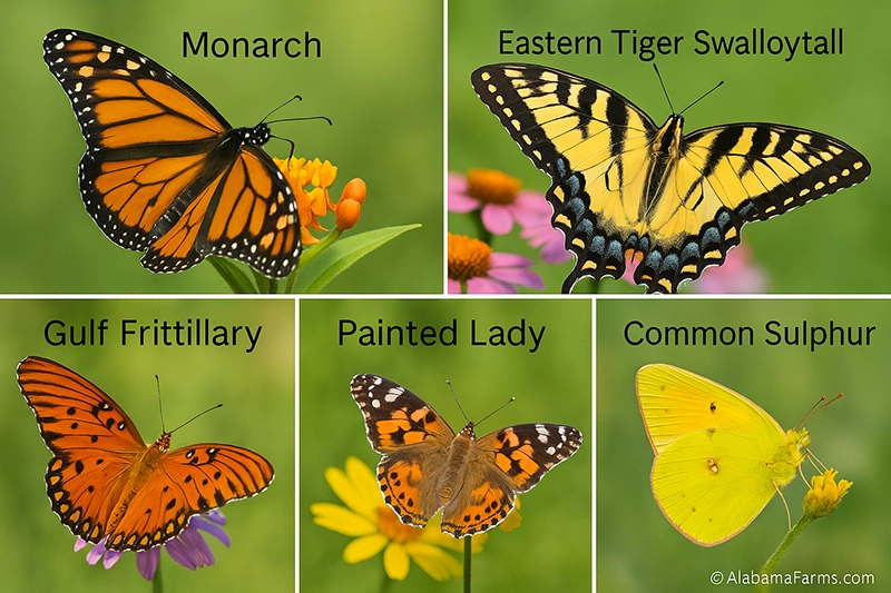 Labeled collage of monarch, eastern tiger swallowtail, gulf fritillary, painted lady, and cloudless sulphur butterflies for Alabama identification