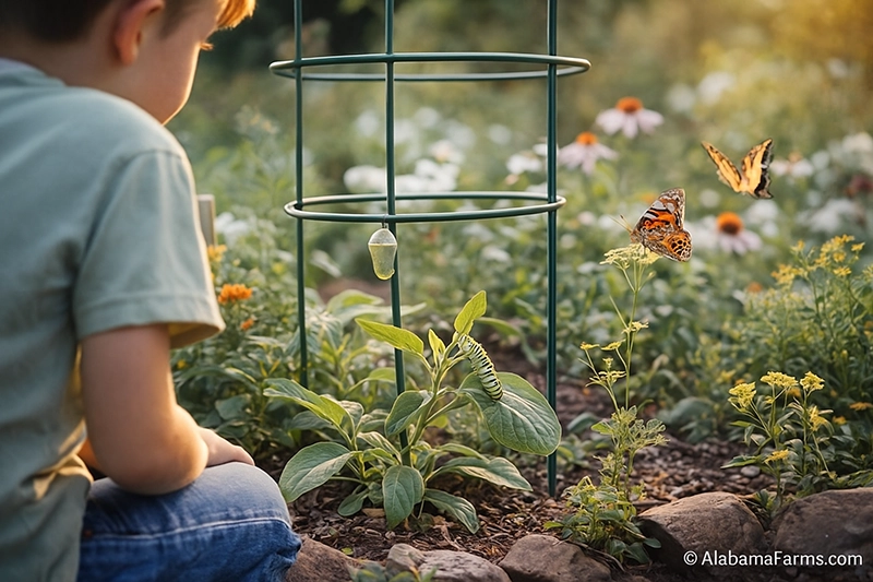Child observing a black swallowtail caterpillar on dill in an Alabama garden with butterflies flying in the background