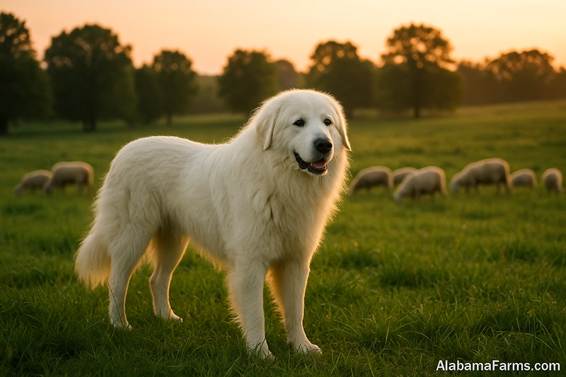 Great Pyrenees standing calmly in a green Alabama pasture at sunrise with sheep grazing in the background.