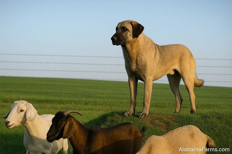 Anatolian Shepherd standing alert on a grassy hill overlooking goats in an open pasture with a distant fence line behind.