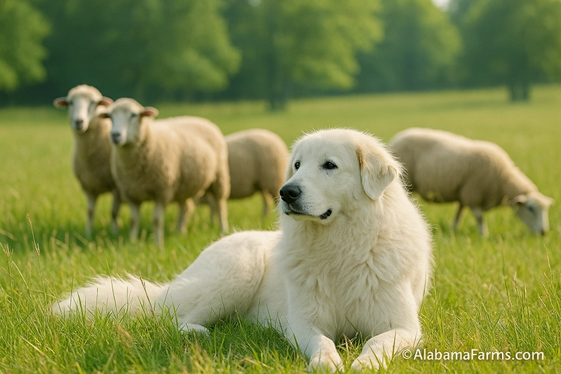 Maremma Sheepdog resting in tall soft grass among a small flock of sheep while watching the field.