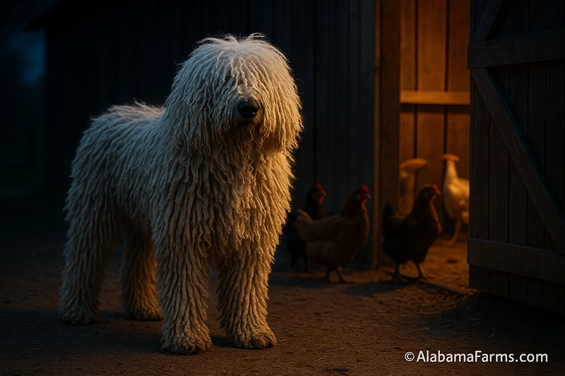 Komondor with corded coat standing near a wooden barn entrance at dusk with warm light and goats behind the dog.