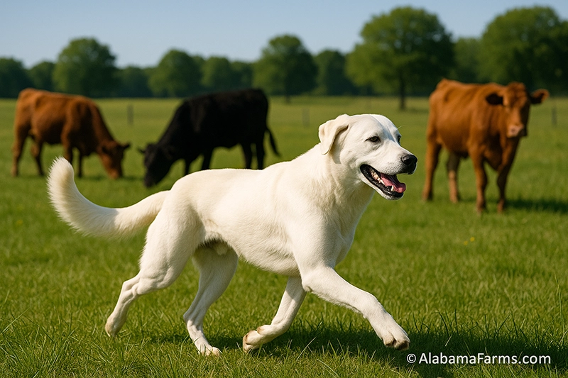 Akbash trotting confidently through a sunny pasture with cattle grazing in the background.