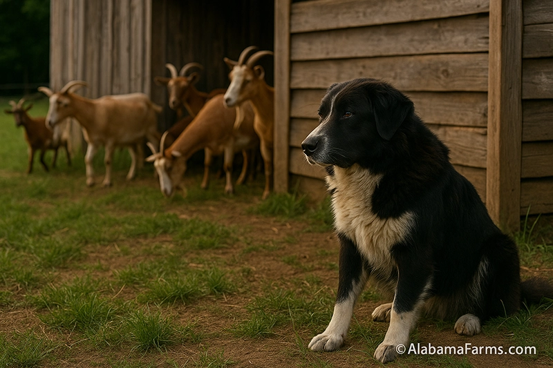 Karakachan sitting attentively beside a small herd of goats near a rustic wooden barn.