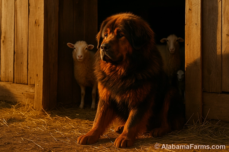 Tibetan Mastiff sitting in warm golden light at a barn entrance with sheep peeking out from behind.