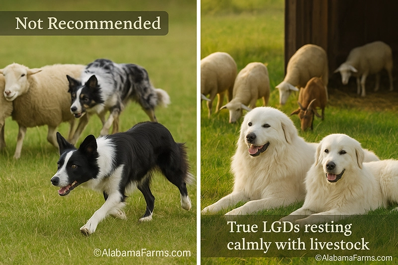 Side-by-side comparison showing herding dogs chasing sheep on the left and calm livestock guardian dogs resting with livestock on the right.