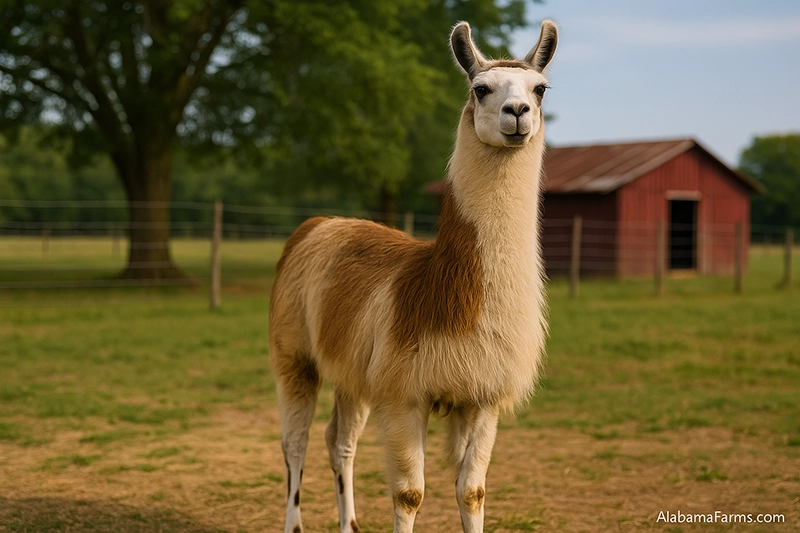 Llama standing in a bright farm pasture with hills and a wooden fence behind it.