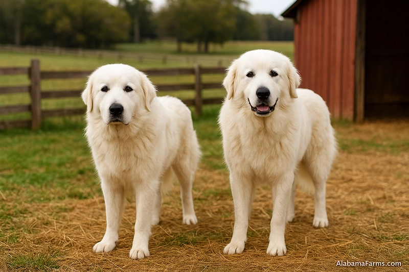 Two Great Pyrenees livestock guardian dogs standing in a farm pasture.