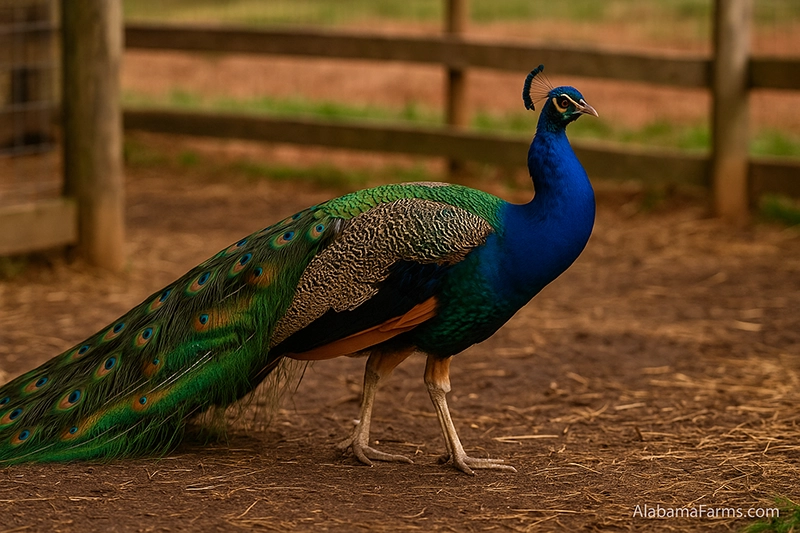 Male peacock displaying bright blue and green feathers on a farm lawn.