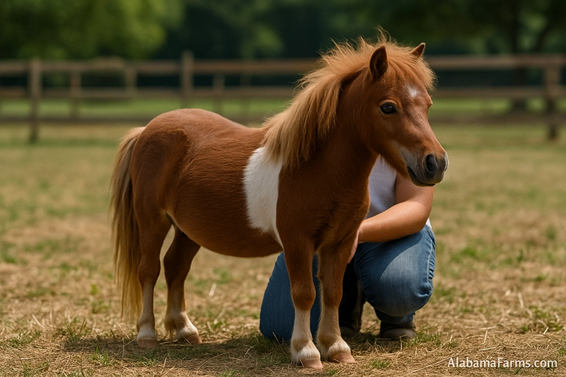 Brown and white miniature horse grazing in a fenced farm pasture.