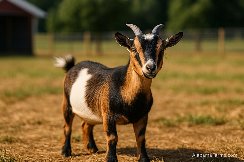 Nigerian Dwarf goat standing in green grass near a wooden barn on a farm.