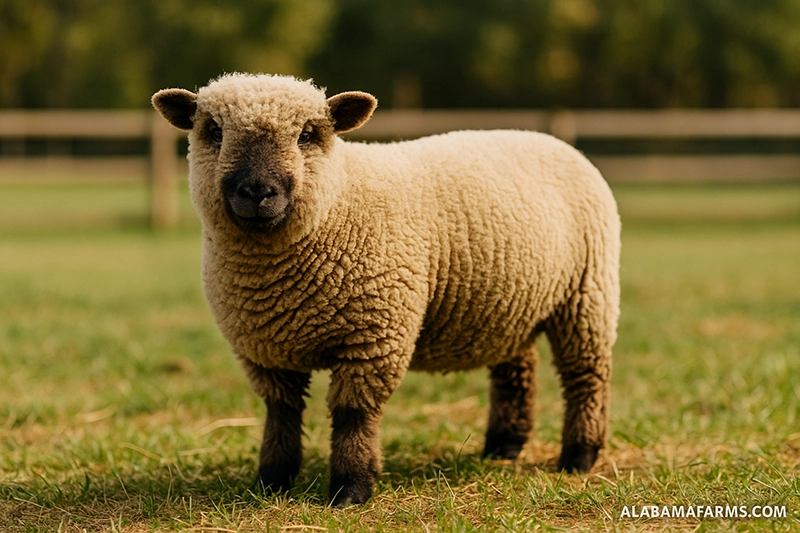 Babydoll Southdown sheep standing in a grassy farm pasture with a soft wool coat.
