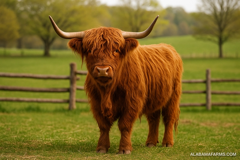 Highland cow with long shaggy hair grazing in a farm pasture.