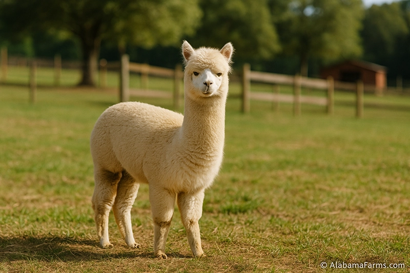 Cream-colored alpaca standing in a sunny pasture on an Alabama farm.