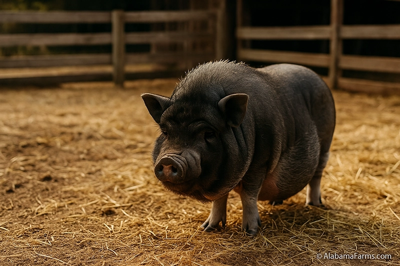 Small potbelly pig standing on a grassy farm path with a barn in the distance.