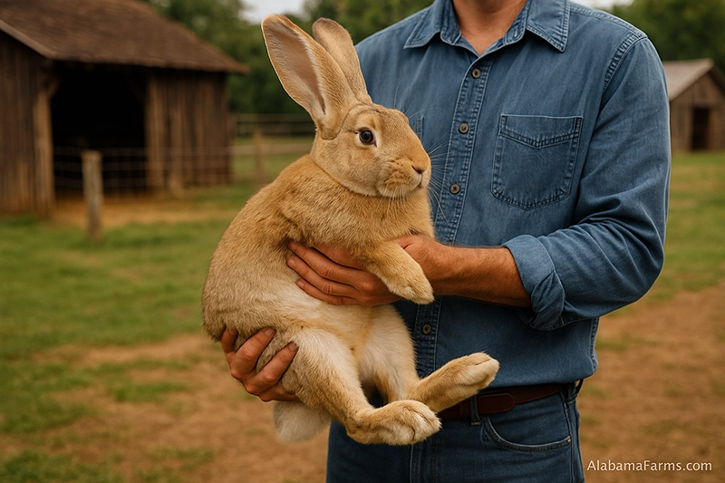 Flemish Giant rabbit being held by a farmer, showing its large size on a farm.