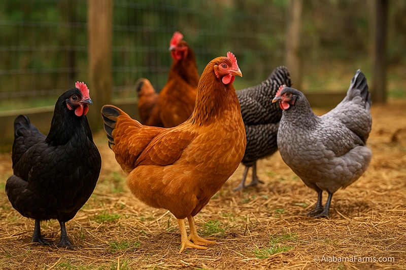 Group of colorful heritage-breed chickens walking through a farmyard.