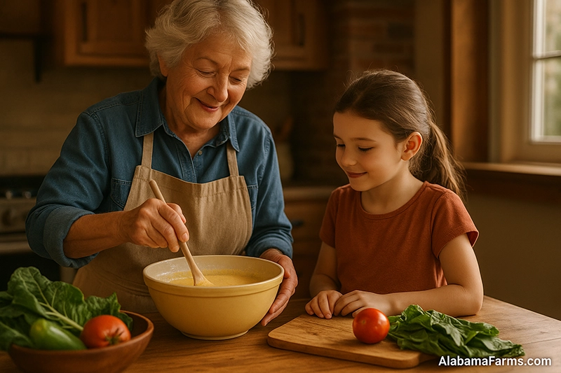 Grandmother and young child cooking together in a warm Alabama kitchen, preparing cornbread and greens on the counter.