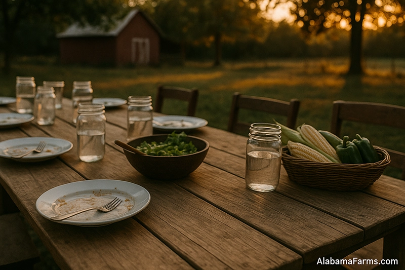 Outdoor farm table set for a shared meal with mason jars, plates, and fresh produce under soft evening light.