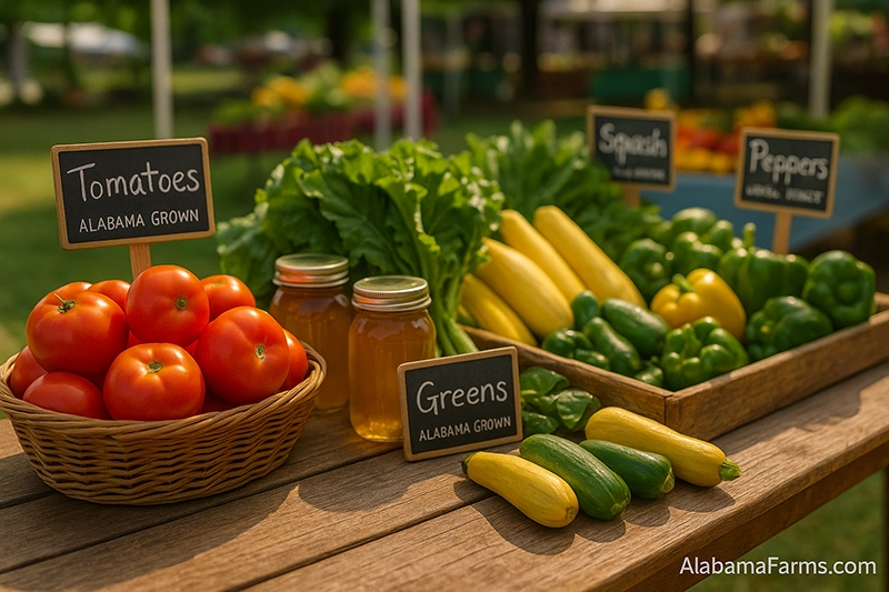 Outdoor farm table set for a shared meal with mason jars, plates, and fresh produce under soft evening light.