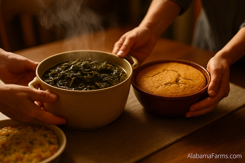 Hands placing steaming greens, cornbread, and casserole dishes onto a warmly lit rustic table.
