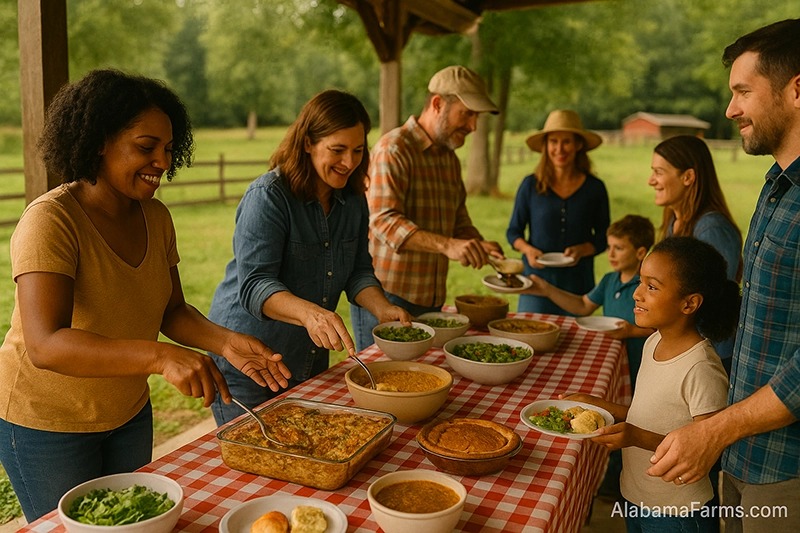 Diverse group of neighbors serving homemade dishes at a potluck under a farm pavilion in Alabama.