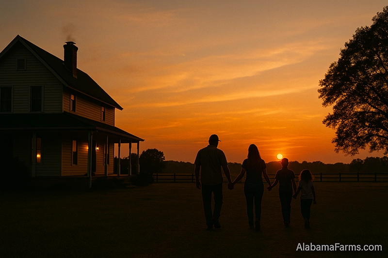 Family of four walking hand in hand toward a sunset near a farmhouse, silhouettes glowing in warm golden light.