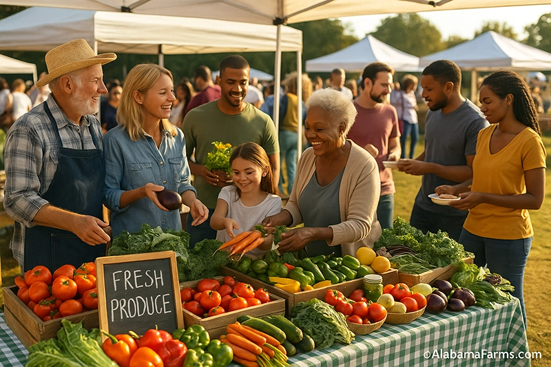 Shoppers and vendors interacting at a lively Alabama farmers market with tables full of tomatoes, peppers, carrots, greens, and other fresh produce.